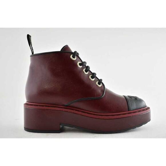 Chanel 20B Red Black Leather Pearl CC Combat Lace Up Tie Ankle Short Boots 39.5 - Picture 1 of 9